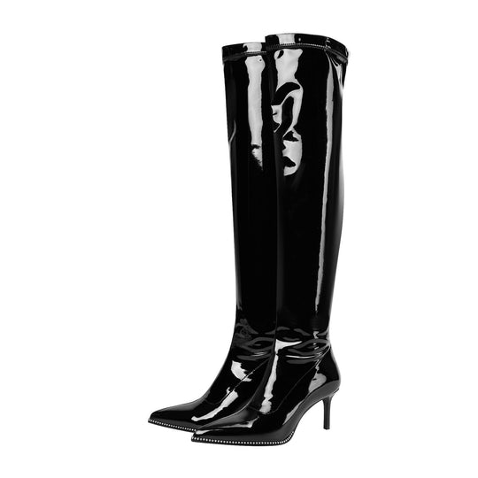 Femme Über-die-Knie Spitzenzehen Stiletto Stiefel mit Hochglanz-Finish EB