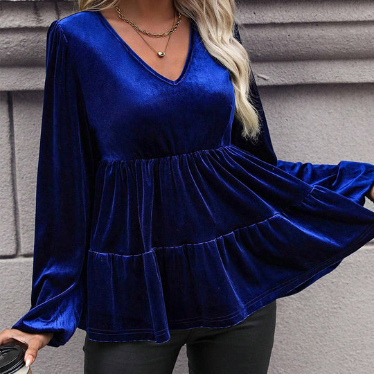 Damen samtiges Volant‑Peplum‑Top mit V‑Ausschnitt, geraffter Taille und langen Ballonärmeln Eichborn Berlin