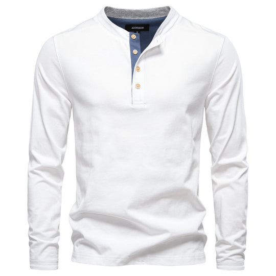 Herren nan legeres Baumwoll-Langarmshirt mit kurzer Knopfleiste und Stehkragen EB