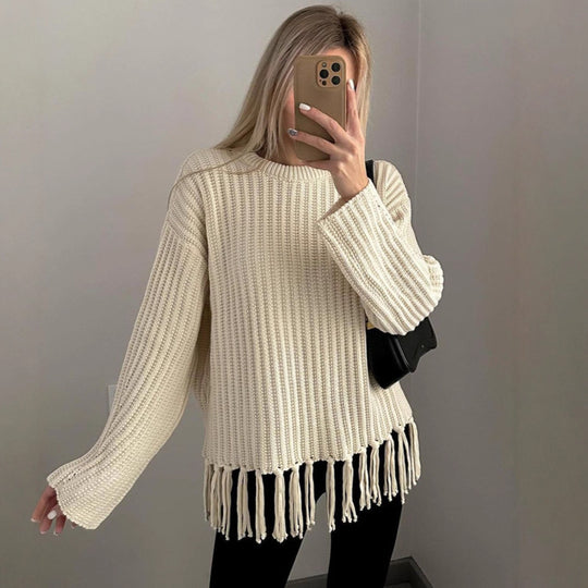 Damen lässiger Rippstrick-Pullover mit Fransen-Saum und Oversize-Silhouette Eichborn Berlin