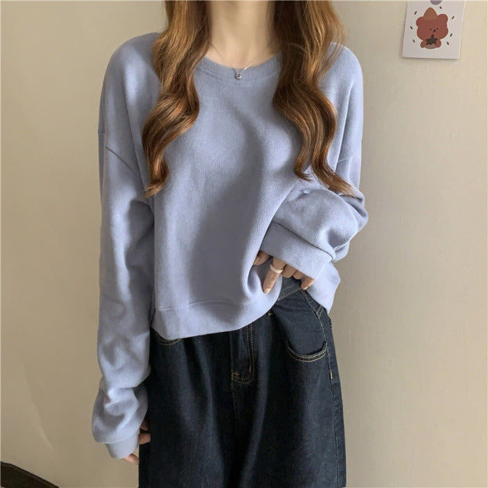 Damen lässiger cropped Pullover aus weichem Baumwollmix mit modischem Rundhalsausschnitt EB