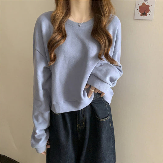 Damen lässiger cropped Pullover aus weichem Baumwollmix mit modischem Rundhalsausschnitt EB