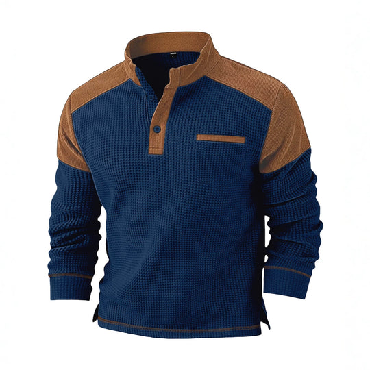 Herren nan Waffelstrick-Henley mit Stehkragen, Cord-Schulterpasse und Brustpaspel EB