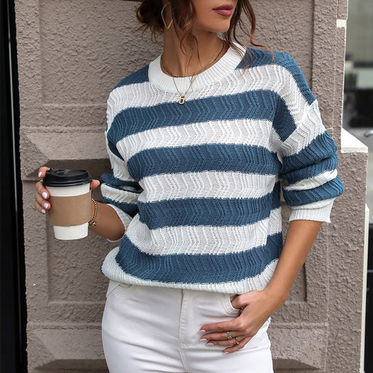 Damen gestreifter Strickpullover mit lässigem Schnitt und hohem Kragen EB