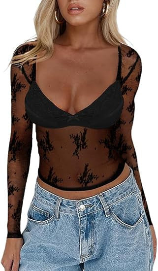 Damen Transparente Spitzenbluse mit eleganten Details EB