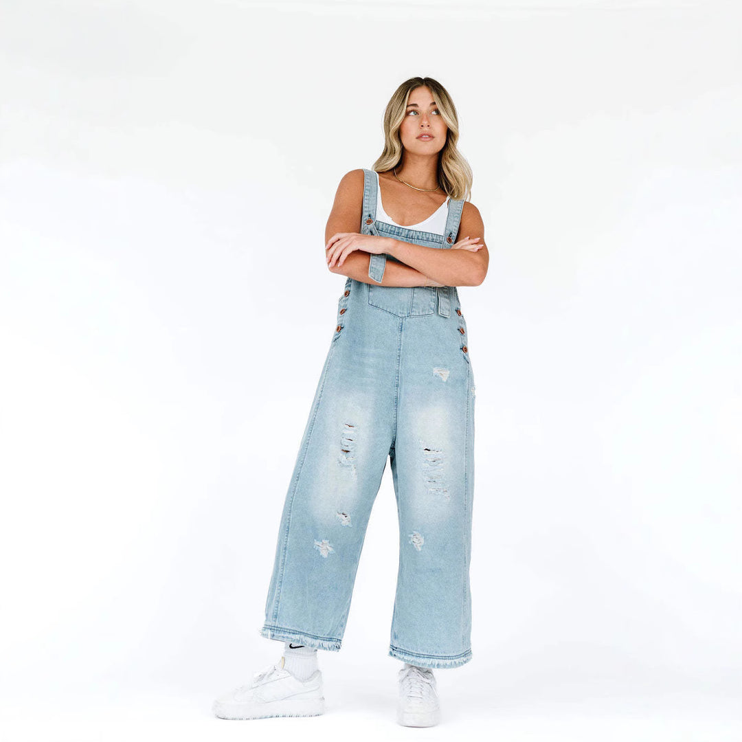 Damen nan lässige verwaschene Latzhose aus Jeansstoff mit Rissen und weitem Bein EB