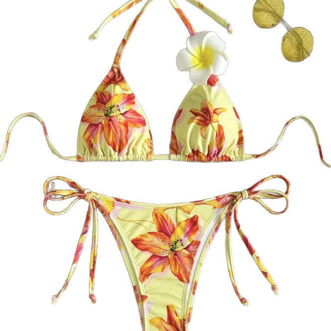 Damen Triangel-Bikini mit floralem Design und verstellbaren Seitenschnürungen EB