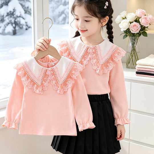 Mädchen Bluse mit romantischem Rüschenkragen und edlen Stickereien EB