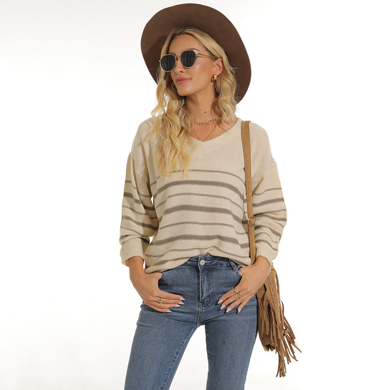 Damen lässiger Pullover mit modernem Streifenmuster und V-Ausschnitt EB