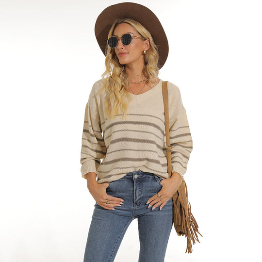 Damen lässiger Pullover mit modernem Streifenmuster und V-Ausschnitt EB