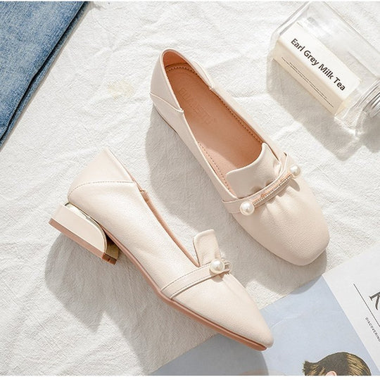 Damen Elegante Ballerinas mit modischem Perlenschmuck und komfortablem Blockabsatz EB