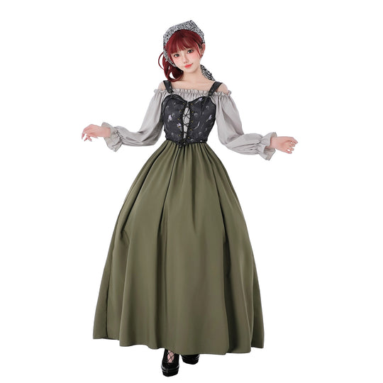 Damen nan Renaissance-inspiriertes Maxikleid mit Schnürkorsett und Carmenärmeln EB