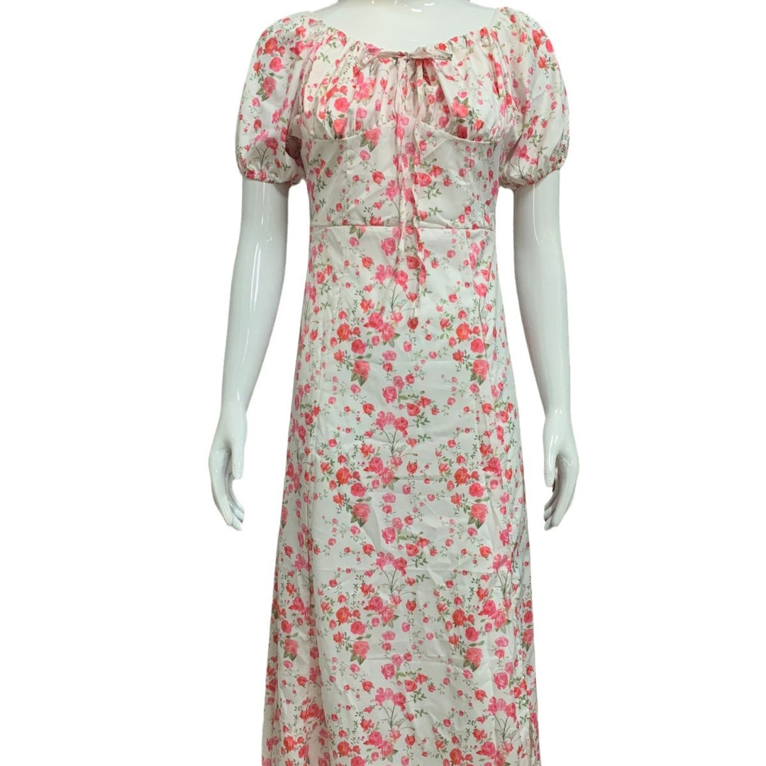 Damen Sommerliches Blumenkleid mit hochgeschlossenem Ausschnitt und Puffärmeln EB
