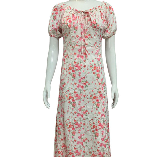 Damen Sommerliches Blumenkleid mit hochgeschlossenem Ausschnitt und Puffärmeln EB