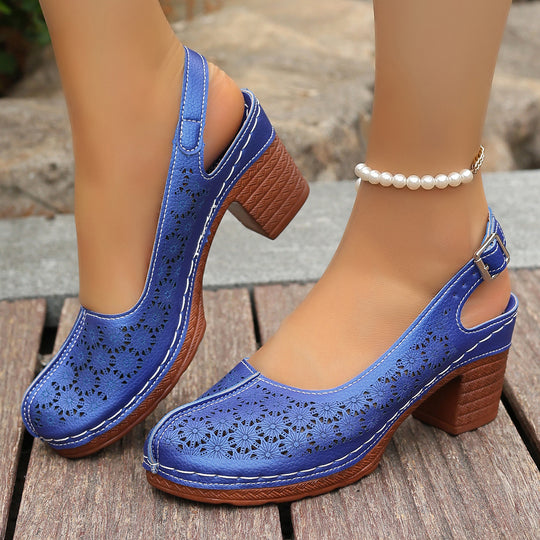 Damen  elegante Slingback-Pumps mit floralem Laser-Cut, gepolsterter Komfortinnensohle und stabilem Blockabsatz EB