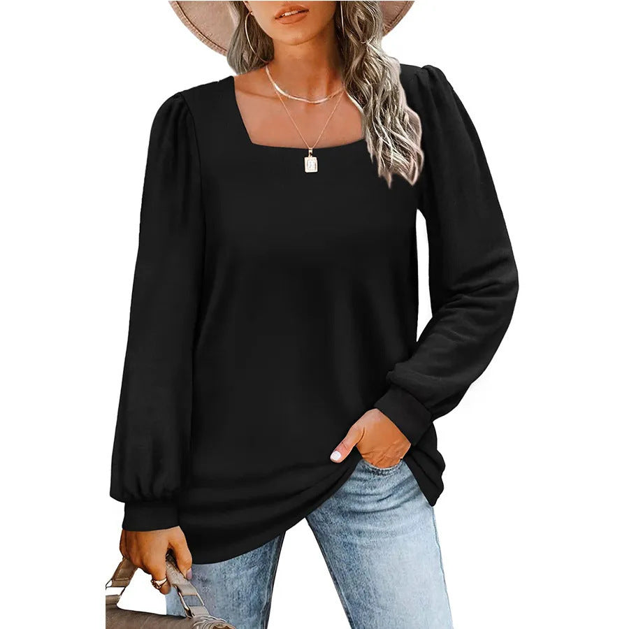 Damen Legerer Feinstrick-Pullover mit quadratischem Ausschnitt, Puffschulter und Bündchen EB