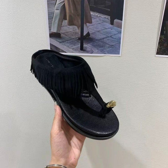Damen elegante Flip-Flops mit fransiger Lederoptik und komfortablem Fußbett EB