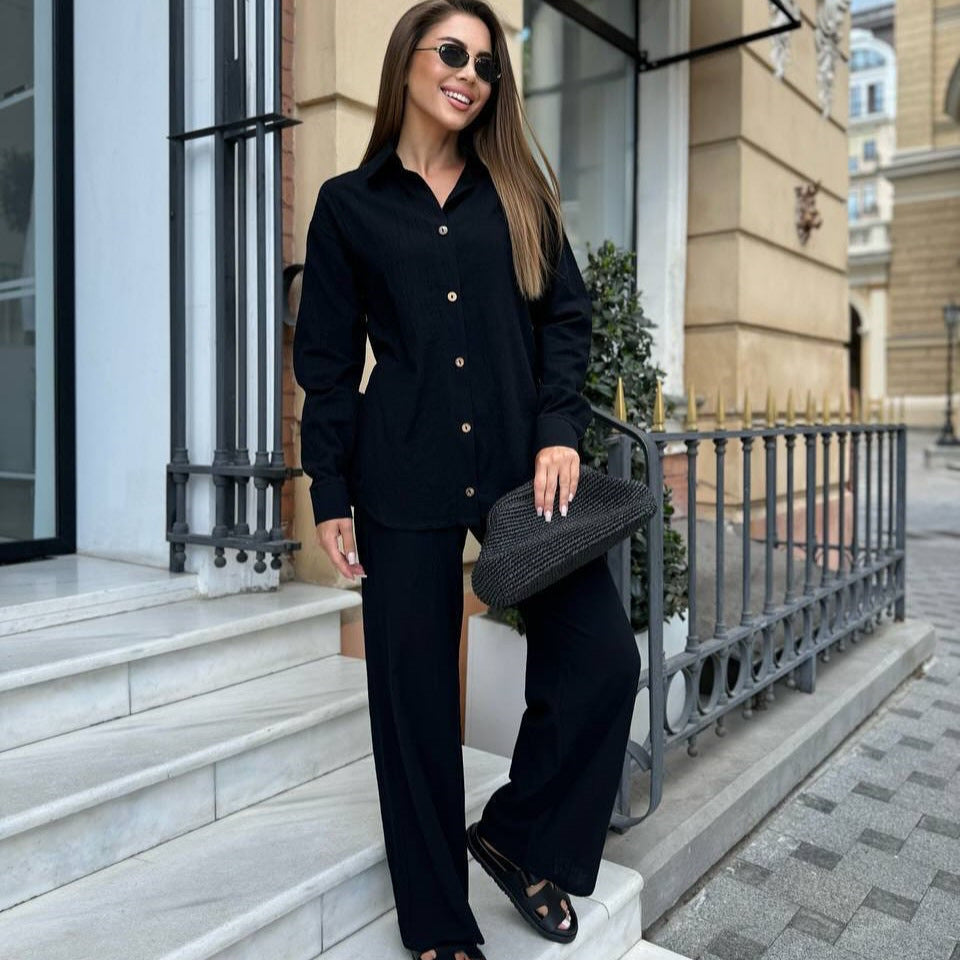 Damen Leichter Leinen-Zweiteiler mit oversized Hemd und High‑Waist Palazzohose EB