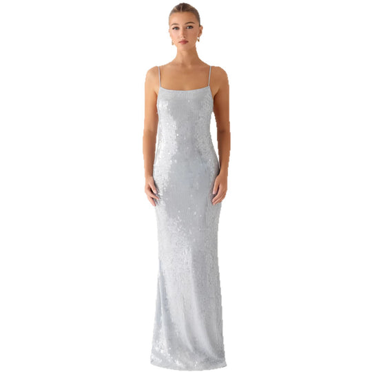 Damen Glamouröses Pailletten-Maxikleid mit schmalem Schnitt und feinen Spaghettiträgern EB