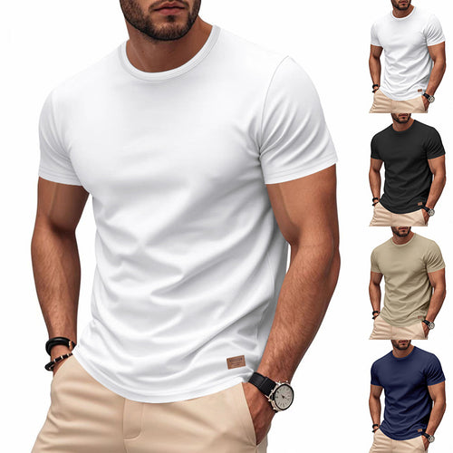 Herren nan schlankes Rundhals-T-Shirt aus glattem Stretchjersey mit dezenter Leder-Logoapplikation EB