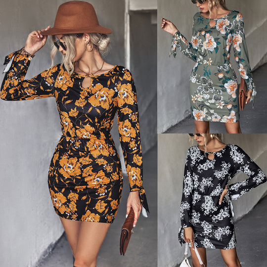 Damen Minikleid mit floralem Design und eleganten Ärmeldetails EB