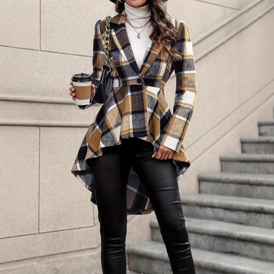 Damen Elegante und fließende Karojacke mit asymmetrischem Saum EB