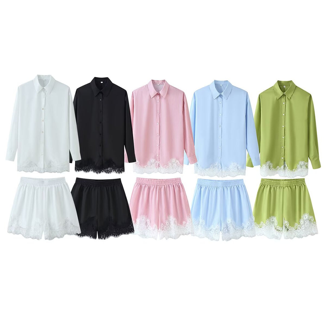 Damen nan zweiteiliges Satin-Pyjama-Set mit Hemdbluse, Gummibund-Shorts und Spitzenbesatz EB