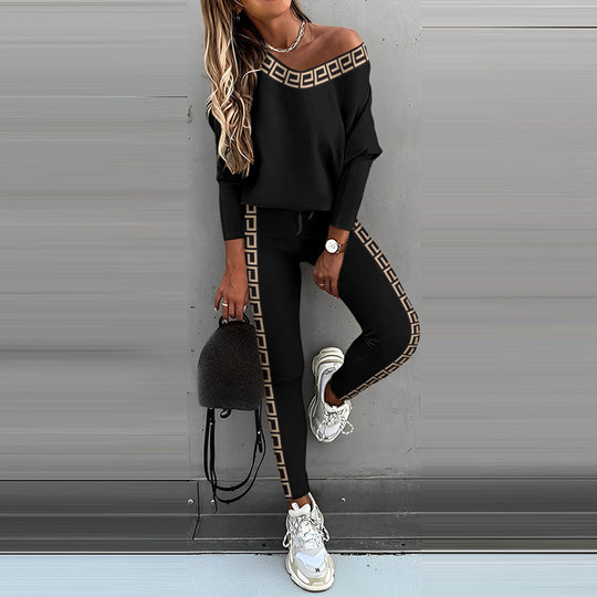 Damen Freizeit Set mit glitzerndem Motiv und offenem Schulterdesign EB