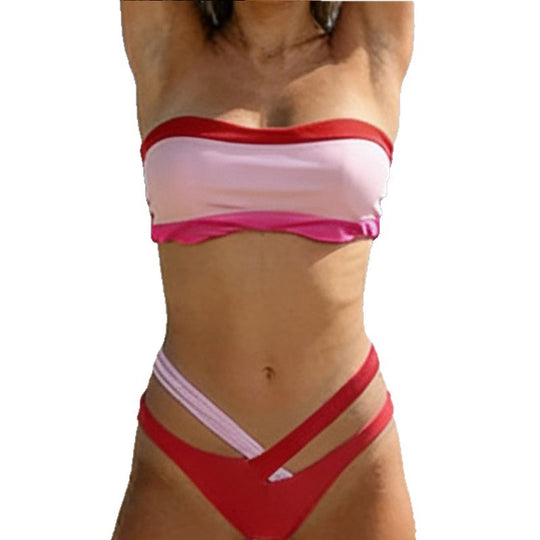 Damen Bandeau-Bikini-Oberteil mit kontrastierenden Riemen EB