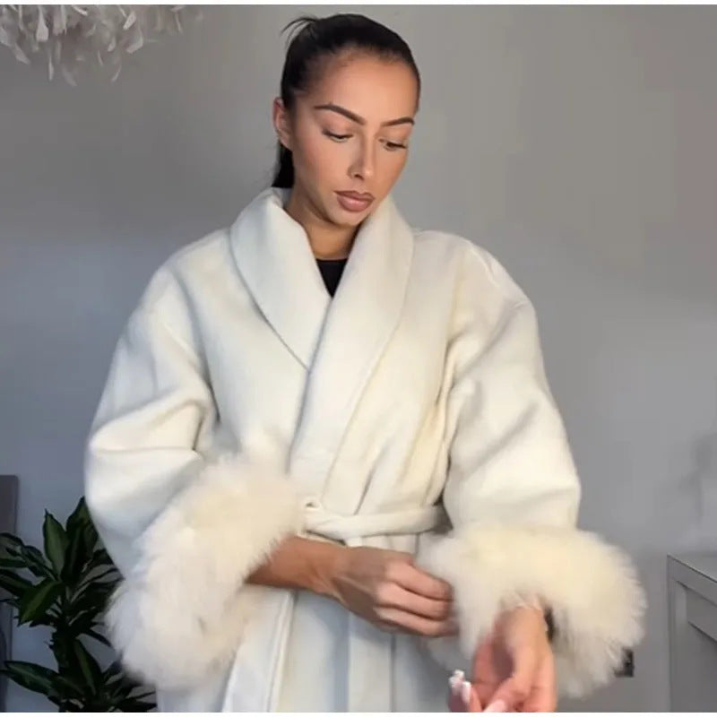 Damen Elegante Wickeljacke mit Teddyfellärmeln EB
