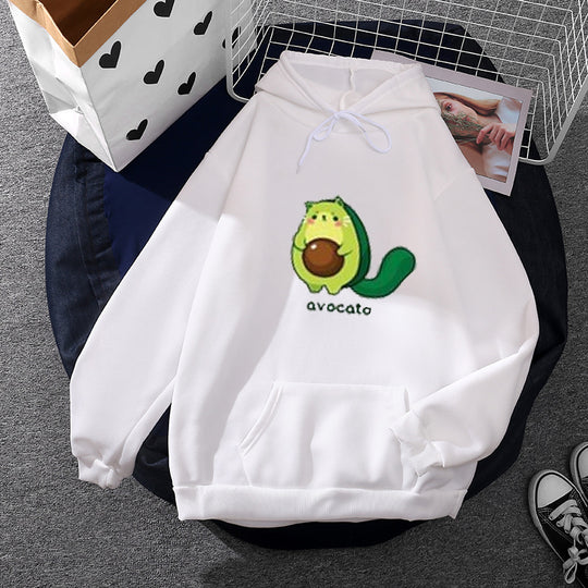 Damen nan Oversize-Fleecehoodie mit weichem Innenfutter, Kängurutasche und Avocato-Cartoonmotiv EB