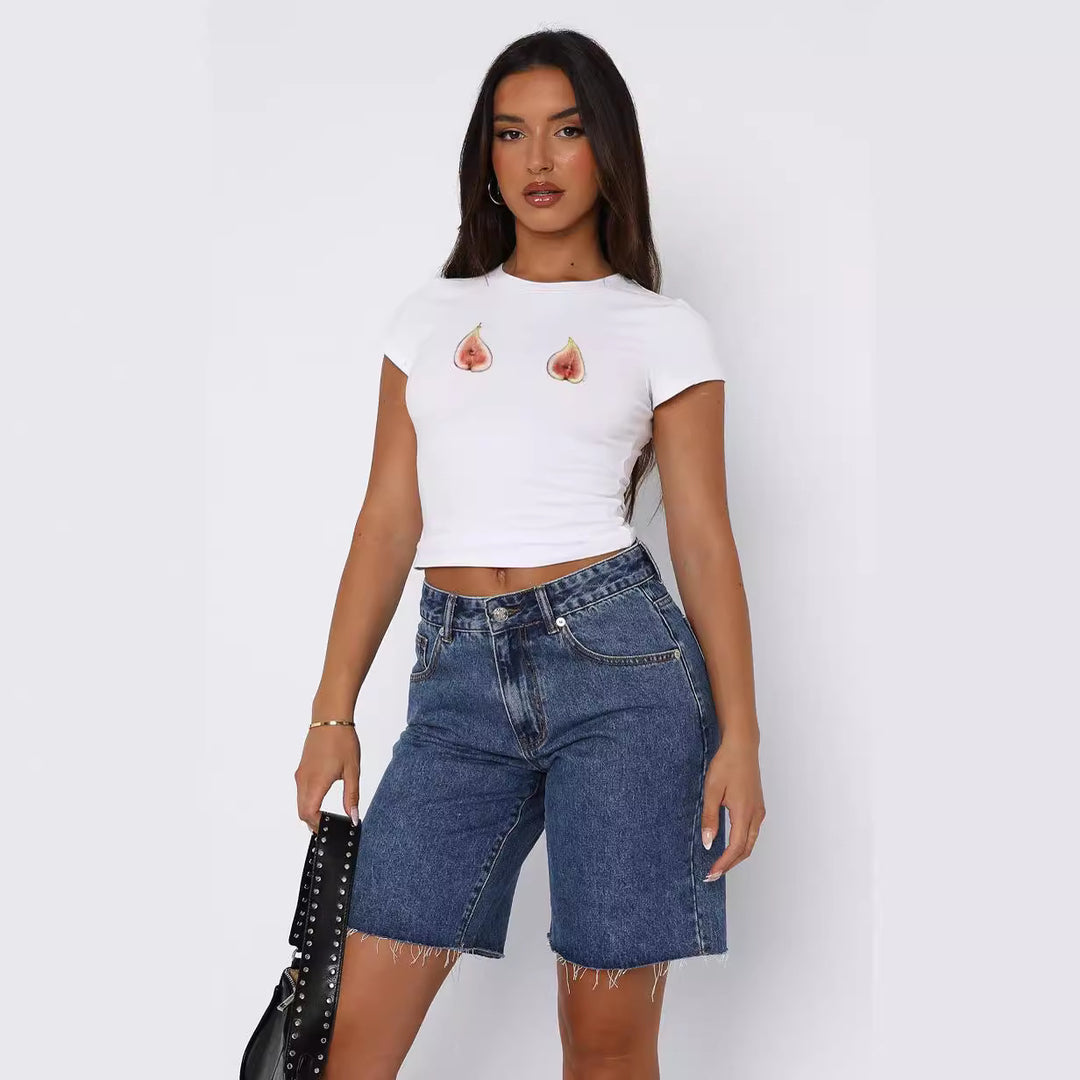 Damen Kurzarm Crop-Top mit fruchtigem Motiv und figurbetontem Schnitt EB