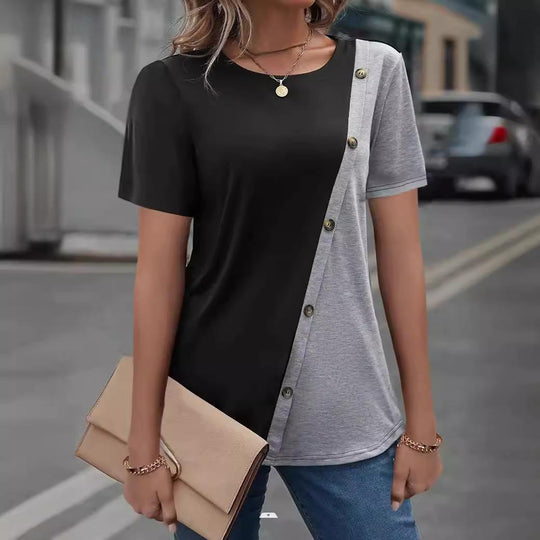 Damen kurzärmliges T-Shirt mit asymmetrischem Design und Knopfdetails EB