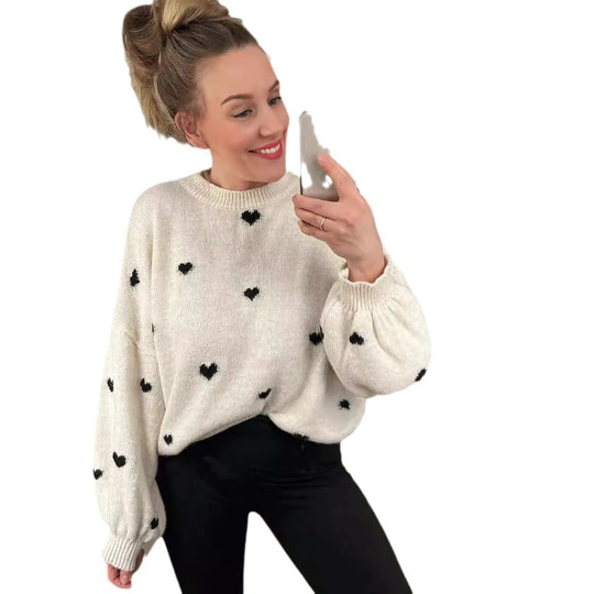 Damen lässiger Strickpullover mit herzförmigen Mustern und angeschnittenen Ärmeln EB