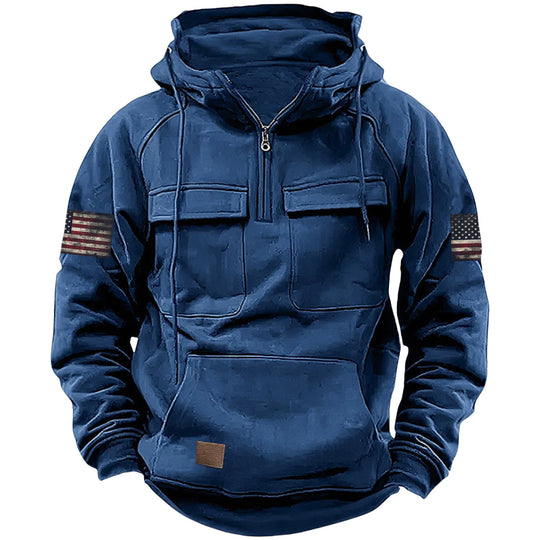 Herren nan Kapuzenpullover mit Halbzip, Cargo-Brusttaschen und Kängurutasche EB