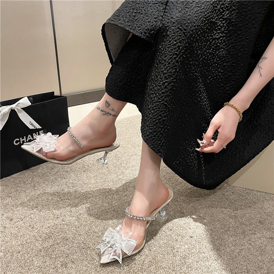 Damen Elegante Mules mit transparenter Vorderkappe und funkelndem Strassdetail EB
