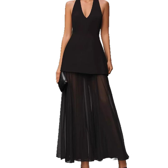 Damen Elegantes Maxikleid mit tiefem V-Ausschnitt und transparentem Überrock EB