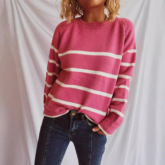 Damen lässiger Pullover mit strukturiertem Kragen und modischem Streifenmuster EB