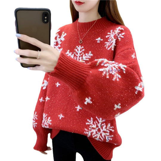 Damen Strickpullover mit Wintermotiv und Puffärmeln EB