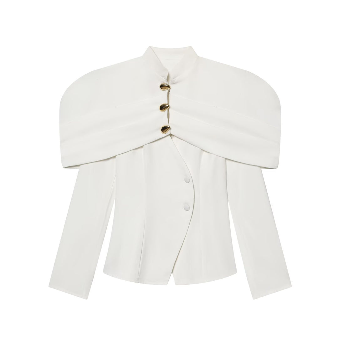 Damen elegante Blazerjacke mit übergroßen Schulterklappen und goldenen Knopfdetails EB