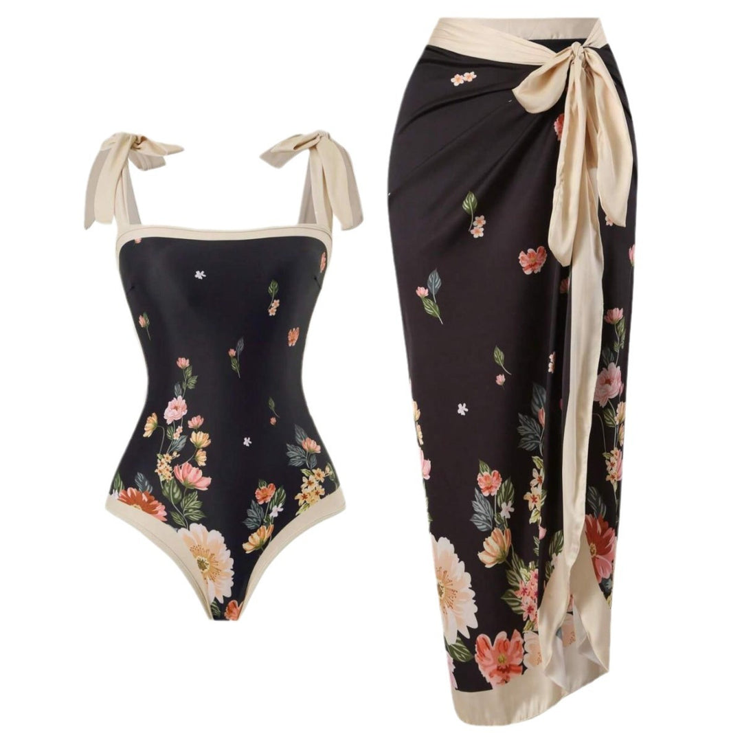 Damen Eleganter Badesuit mit floralen Akzenten und modischem Wickelrock EB