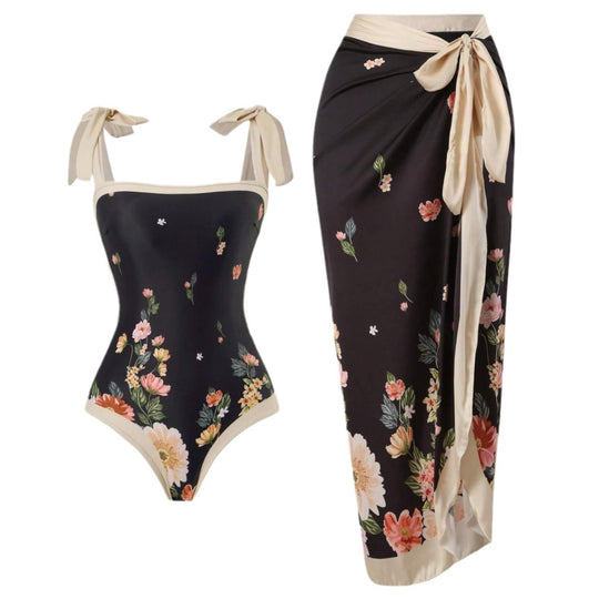 Damen Eleganter Badesuit mit floralen Akzenten und modischem Wickelrock EB