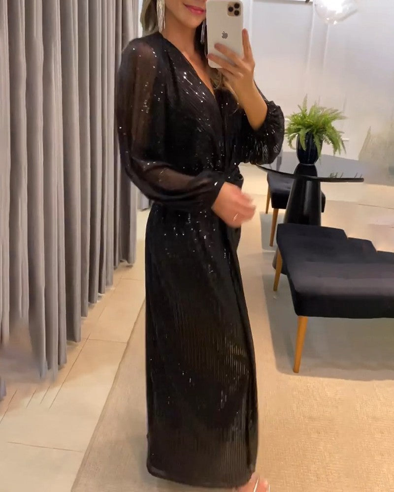 Damen elegantes Maxikleid mit glitzernden Details und raffiniertem V-Ausschnitt EB