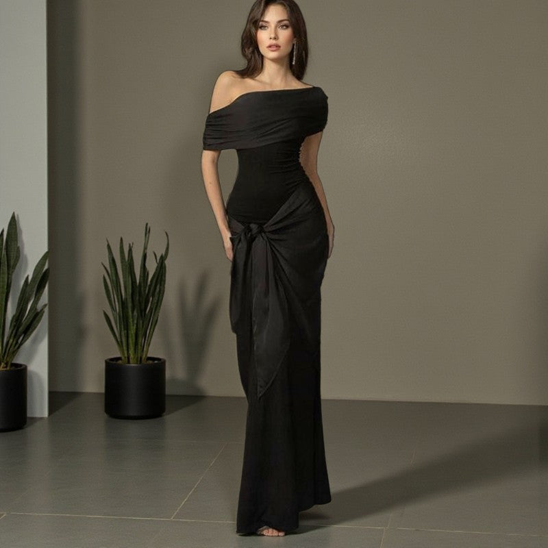 Damen Langarm Maxikleid mit asymmetrischem Schnitt und dekorativen Drapierungen EB