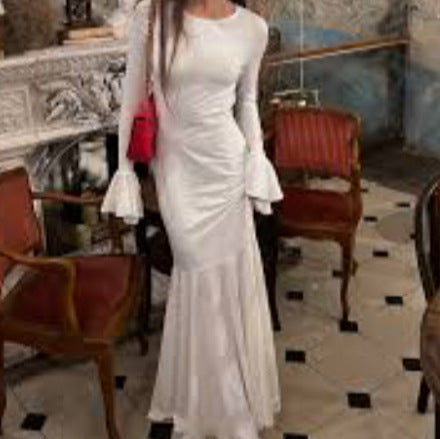 Damen figurbetontes Langkleid mit schickem Muschel-Design und elegantem Ärmelabschluss EB
