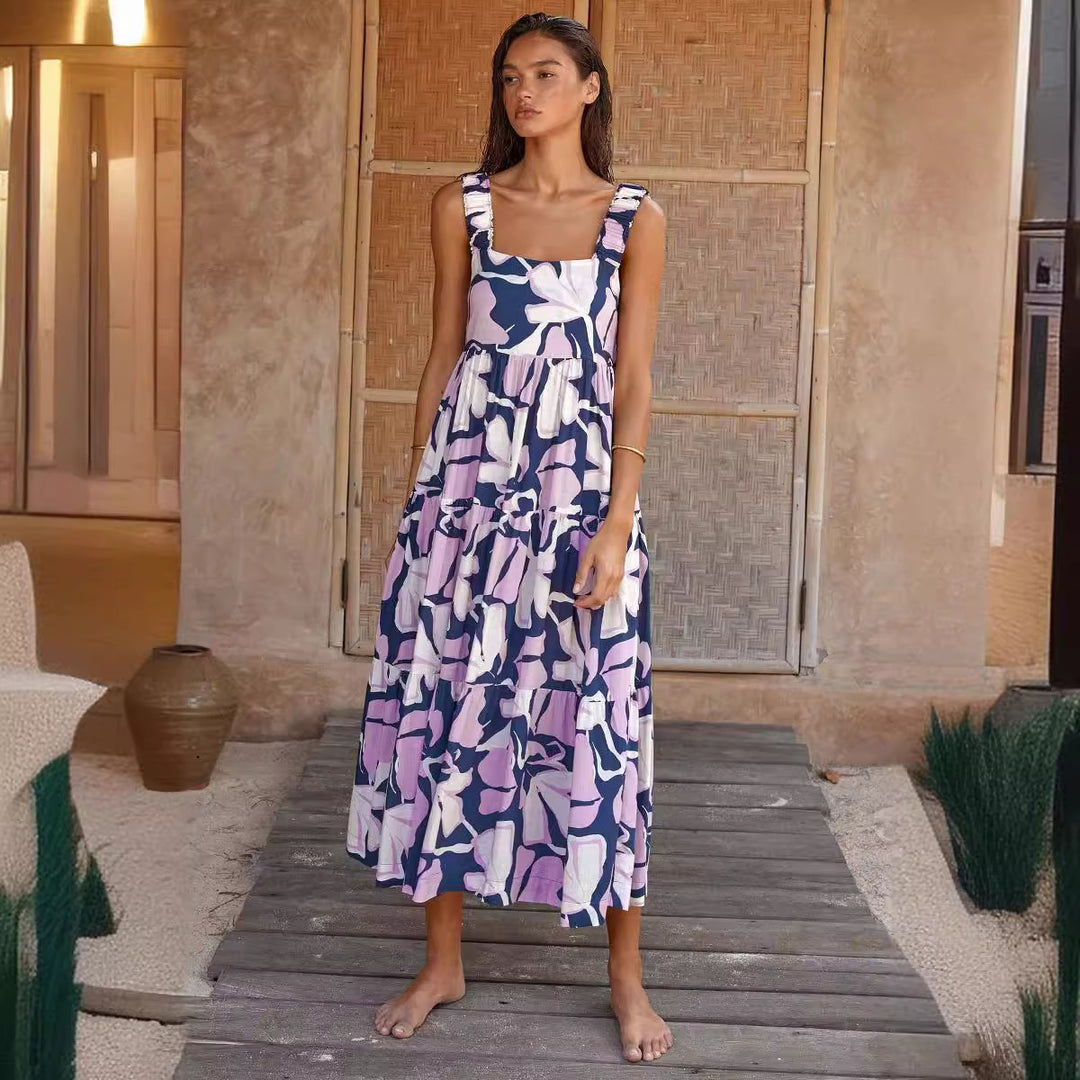 Damen Maxikleid mit elastischen Trägern und fließendem Rock EB