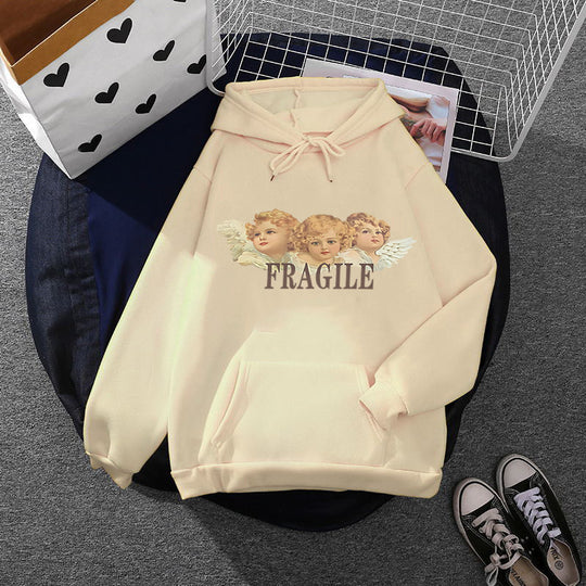 Damen nan leichter Oversize Kapuzenpullover mit Herz‑EKG‑Motiv, langen Kordeln und elastischem Bund EB