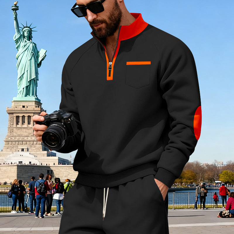 Herren nan Fleece-Quarterzip Pullover mit Brusttasche und Ellbogenpatches EB