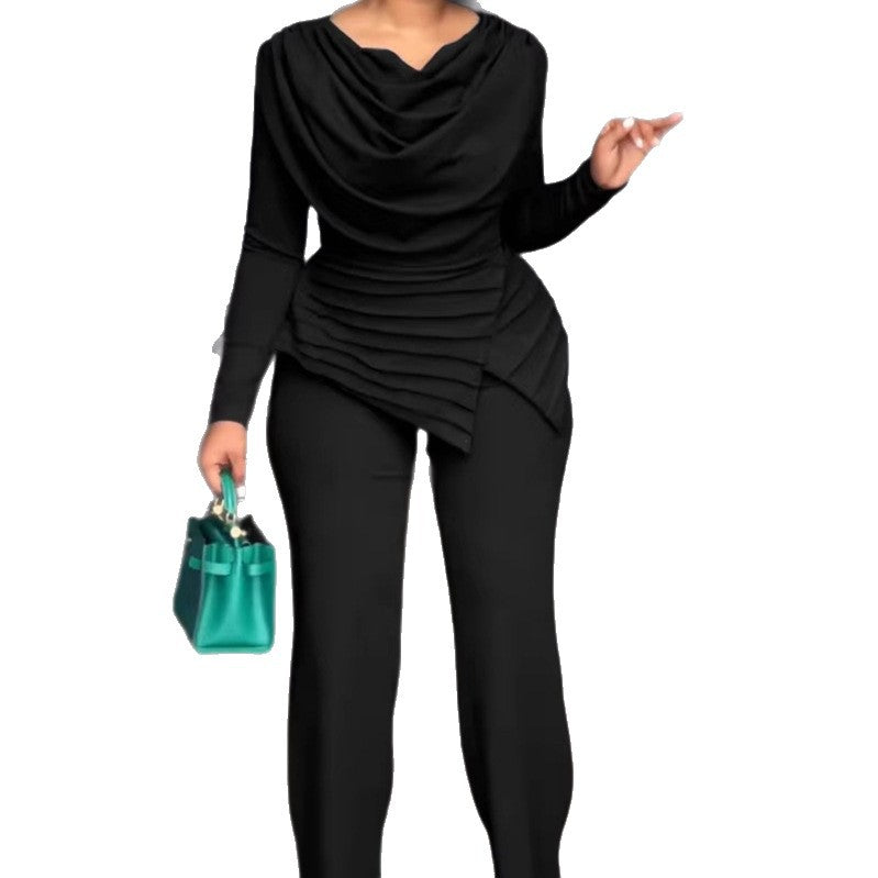 Damen Zweiteiliges Ensemble mit Wasserfall-Drapé-Oberteil, abgestuftem Peplum und gerader Bundfalten-Hose EB
