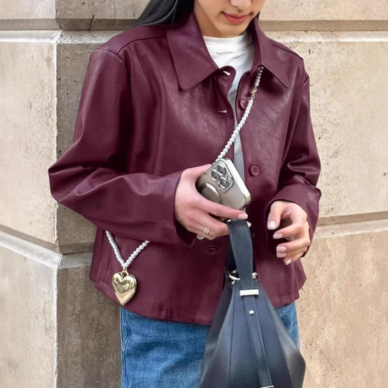 Damen Modische Kunstlederjacke mit klassischen Knopfdetails EB